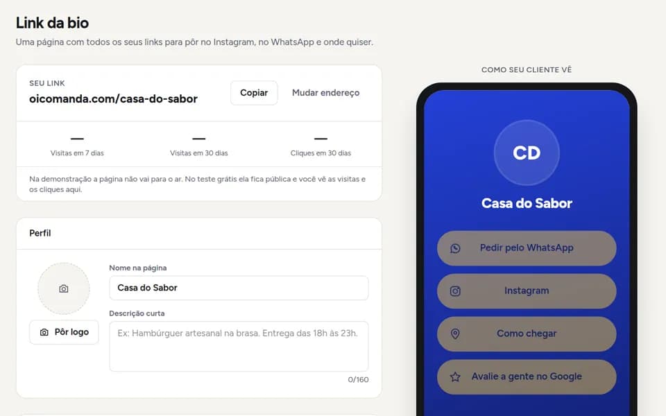 Tela de link da bio e divulgação do painel