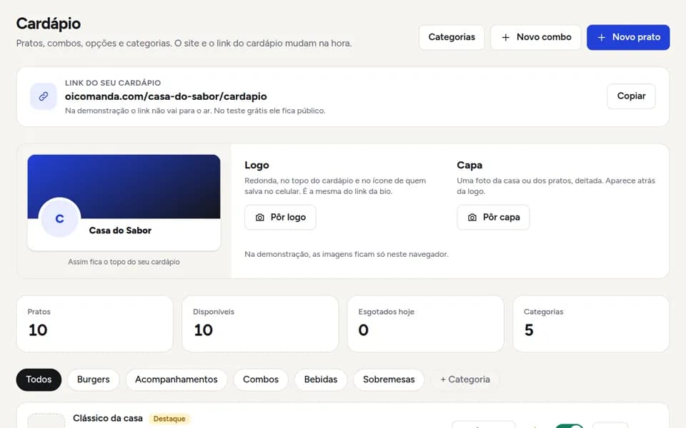 Tela de cardápio digital do painel