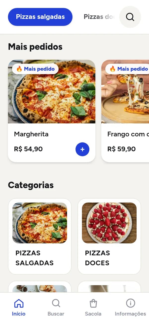 Cardápio de uma pizzaria na OiComanda, no celular